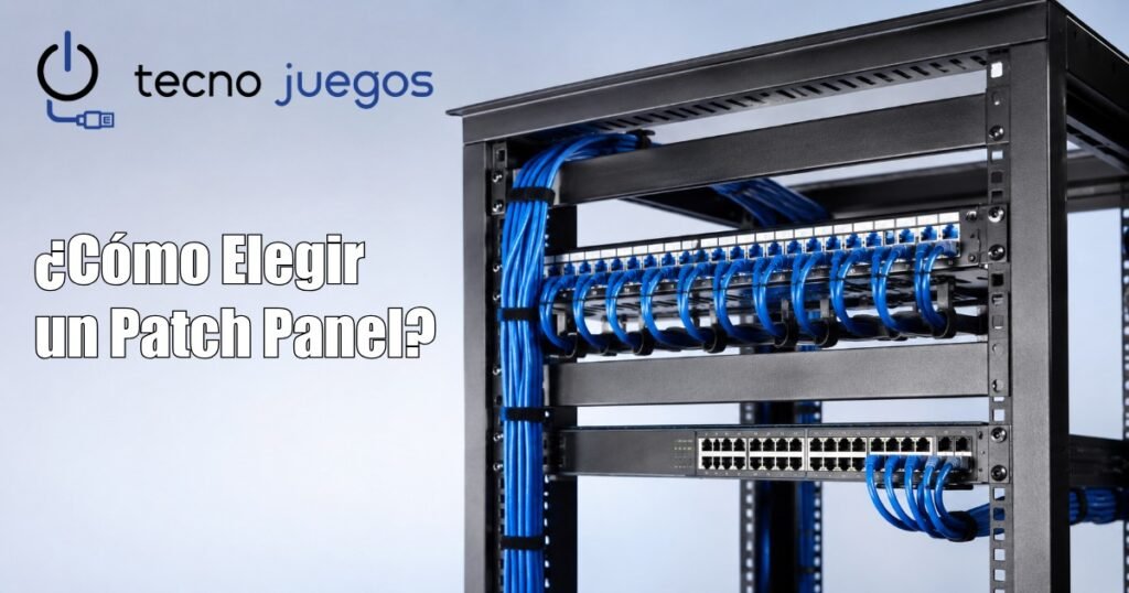 Patch Panel CAT6 de 24 puertos instalado en un rack de comunicaciones con cableado estructurado ordenado.