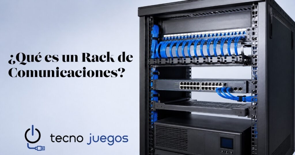 Rack de comunicaciones de 19 pulgadas con patch panel, switch Gigabit, organizadores de cables y UPS en una instalación profesional.