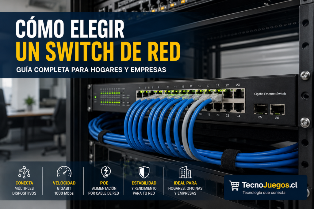 Switch Gigabit Ethernet instalado en un rack de comunicaciones para red empresarial.