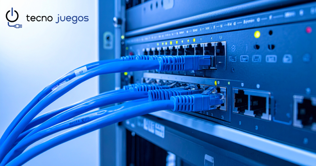 Switch PoE Gigabit alimentando cámaras IP y puntos de acceso mediante cable Ethernet.