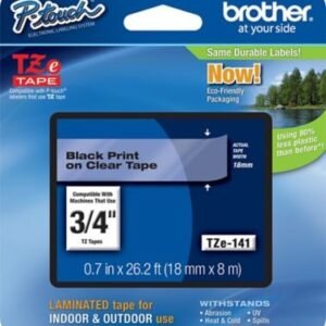 Cinta rotuladora Brother Negro sobre transparente 18 mm TZe141