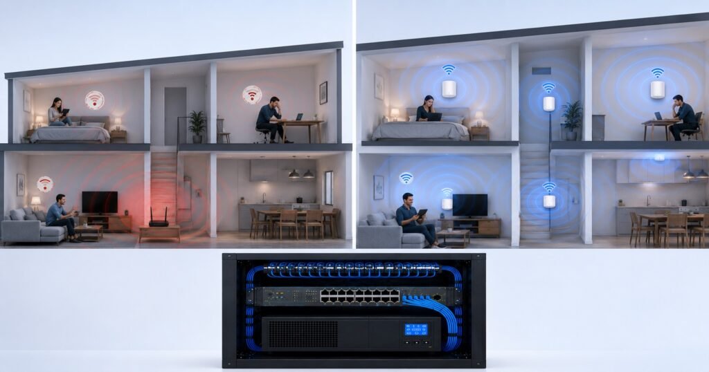 Oficina moderna con excelente cobertura WiFi gracias a Access Points WiFi 6 instalados estratégicamente y conectados mediante un switch PoE.