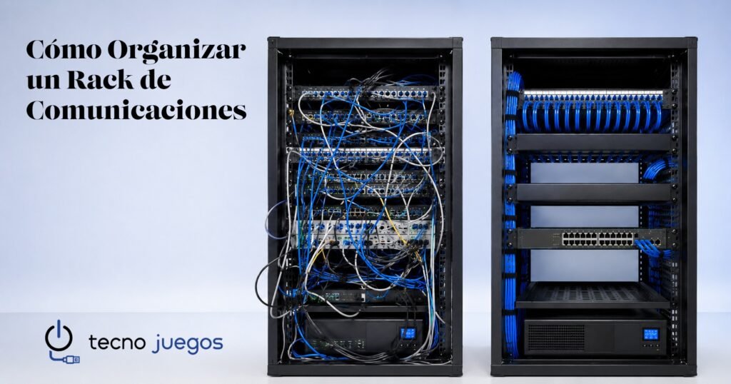 Rack de comunicaciones organizado con patch panel CAT6, switch Gigabit, organizadores de cables y UPS en una instalación profesional.