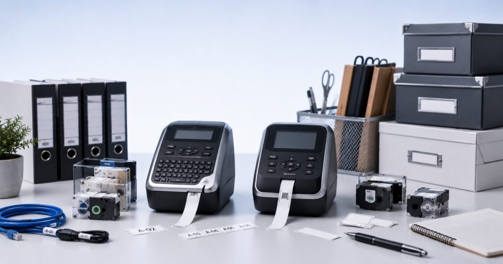 Comparativa entre una rotuladora tipo Brother P-touch y una tipo Dymo mostrando diferentes aplicaciones de etiquetado en oficina y empresa.