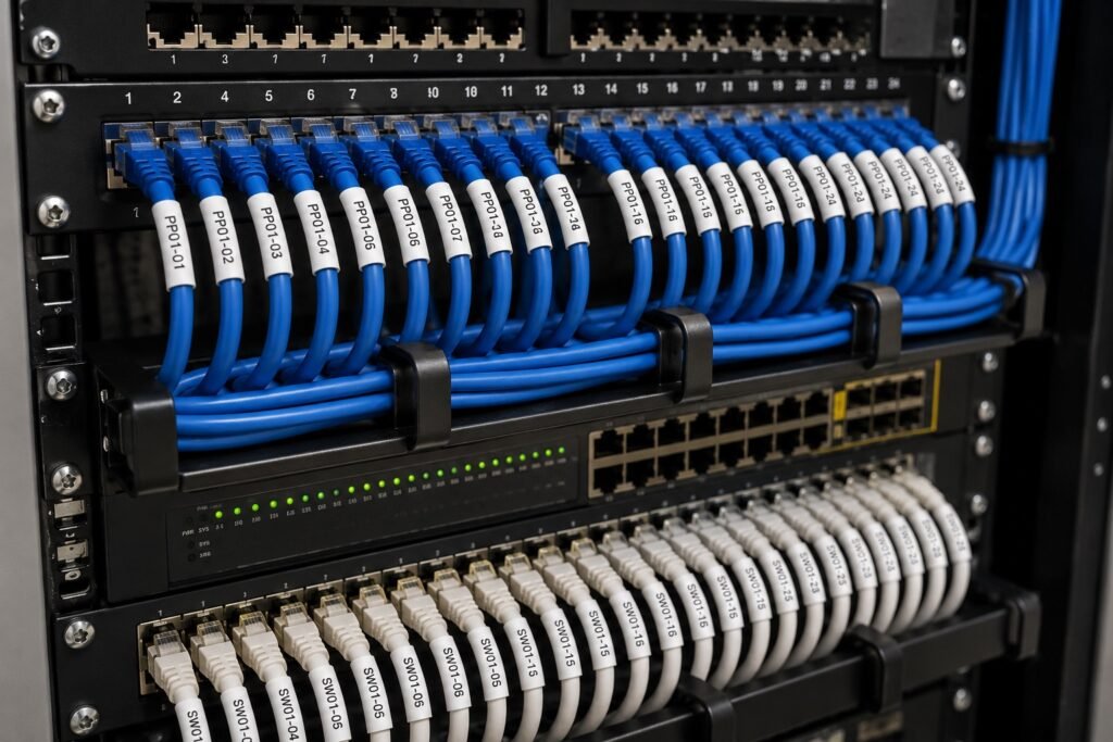 Rack de comunicaciones con cables de red ordenados y etiquetados individualmente