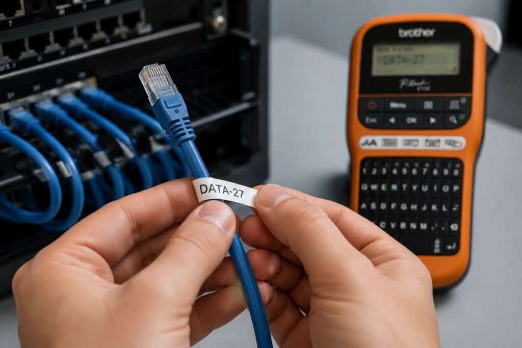 Mano etiquetando un cable de red con una etiqueta autolaminada y una rotuladora Brother P-touch