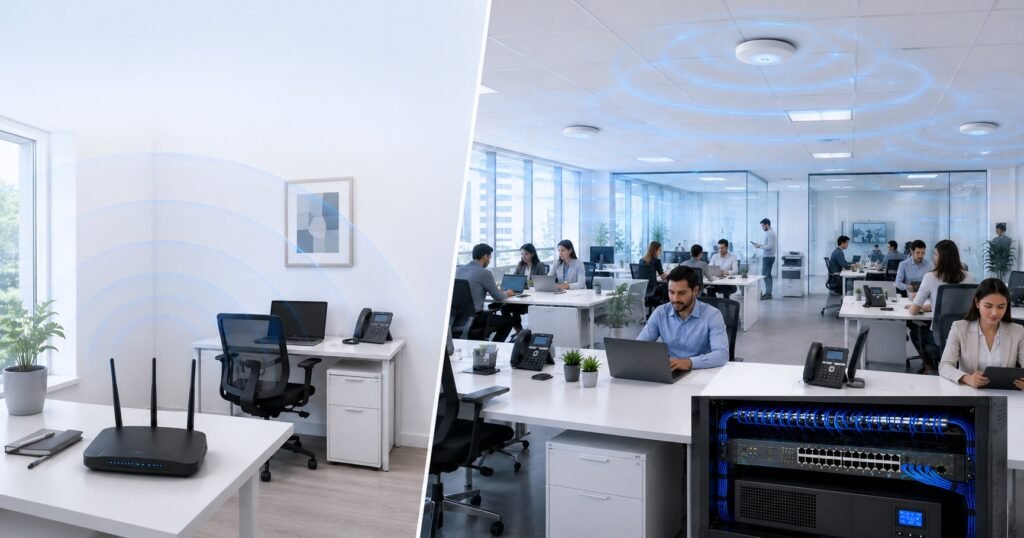 Comparación entre un router WiFi y un Access Point instalado en una oficina para mejorar la cobertura inalámbrica.