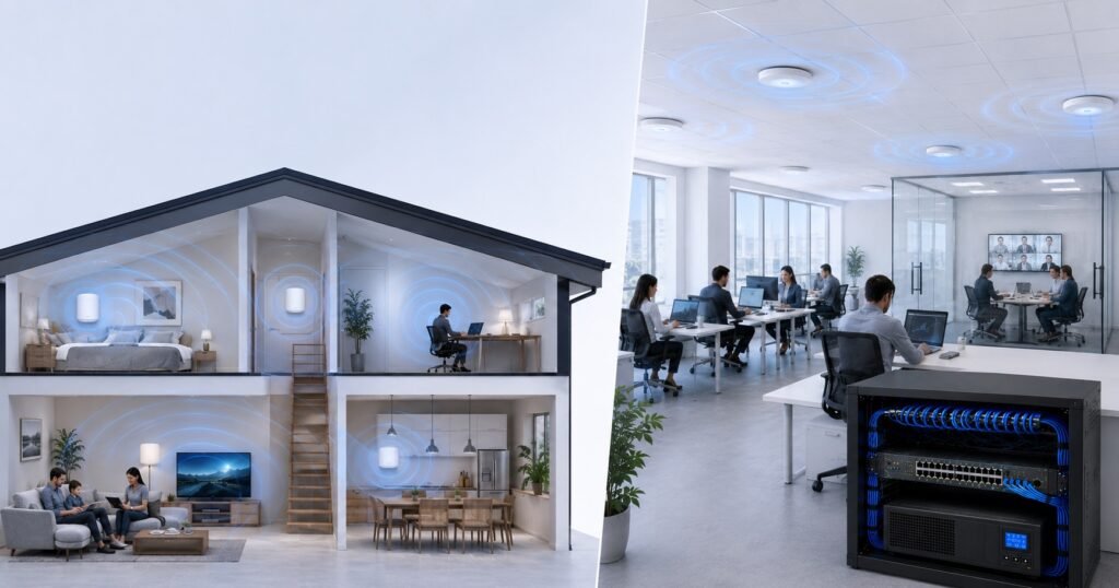 Comparación entre un sistema WiFi Mesh y una red con Access Points WiFi 6 en una oficina moderna mostrando la diferencia en cobertura inalámbrica.